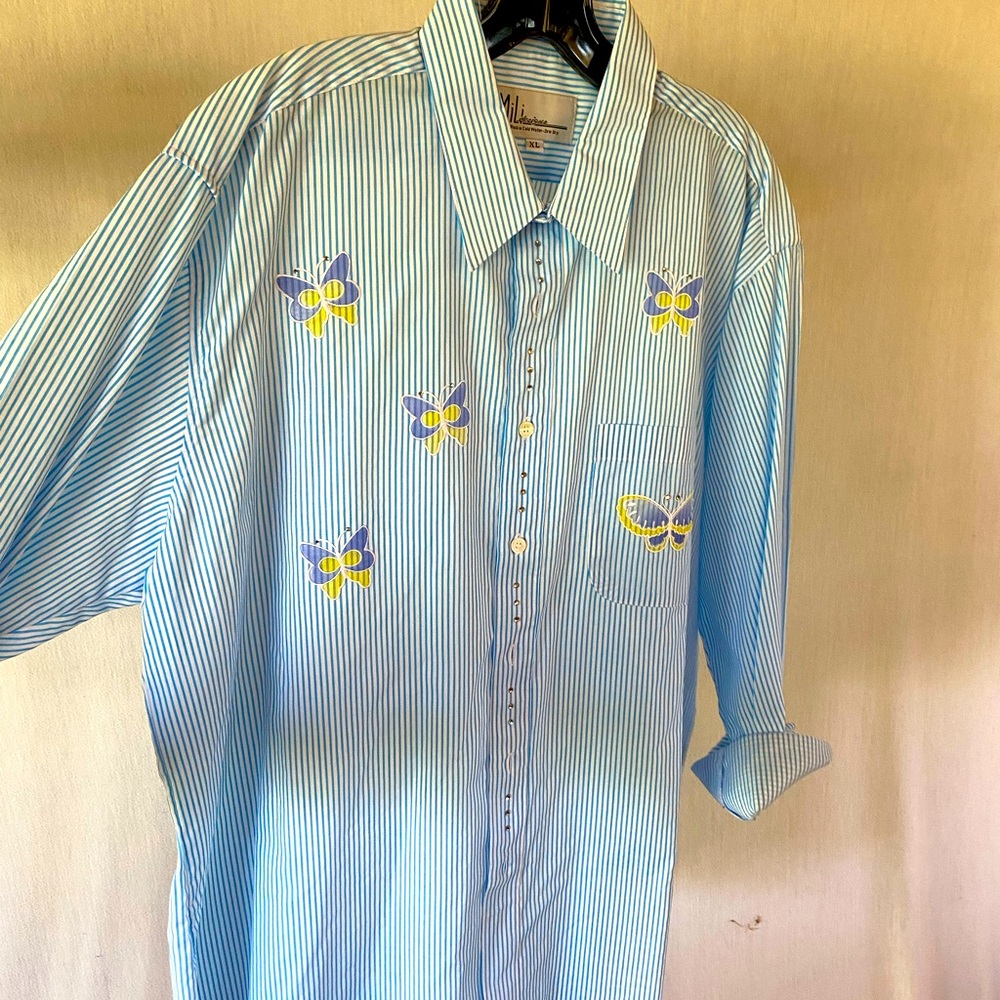 Butterfly / bedazzle Blue striped button up